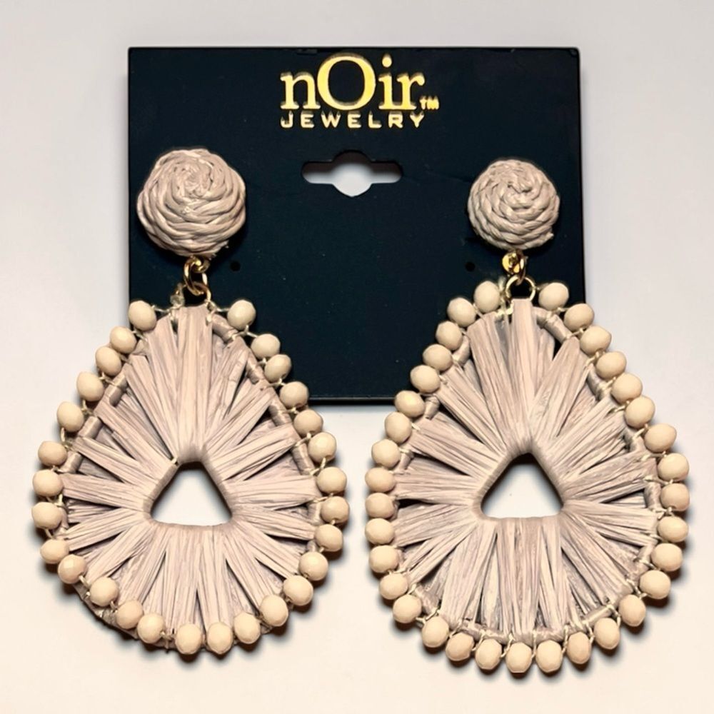 nOir Jewelry Neutral Beige Raffia Teardrop Earrings with Bead Trim